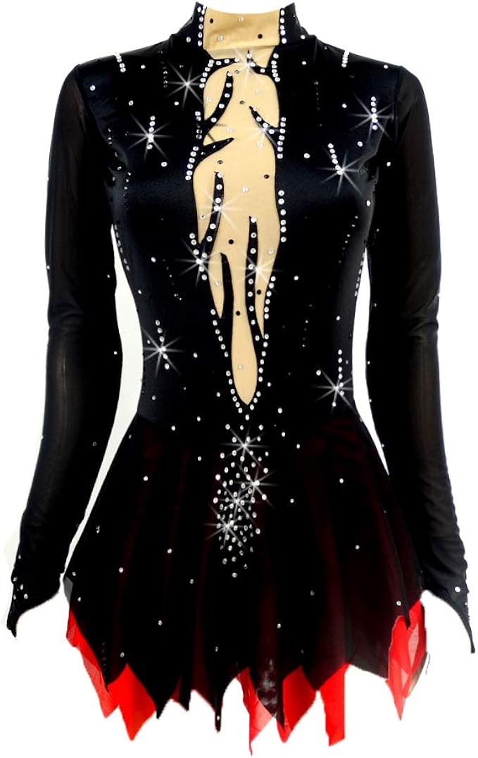 黑色红色人物滑冰服装定制溜冰裙女士长袖滑冰服装